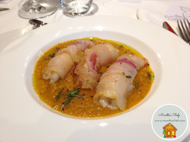 Vellutata di zucca con gamberi lardellati