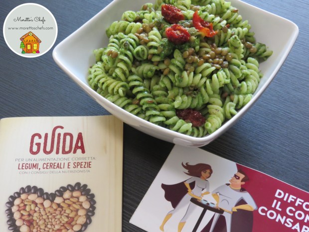 Pasta con lenticchie, pomodorini secchi e pesto leggero di spinacino
